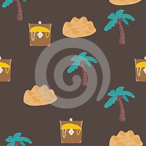 Seamless pattern with pumpkin character with emotions and face in pirate bandana, crossed sabers and with treasure chest