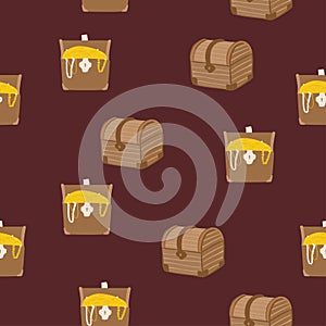 Seamless pattern with pumpkin character with emotions and face in pirate bandana, crossed sabers and with treasure chest