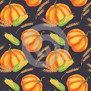 Seamless pattern with pumpkin, corn, ears of wheat. Harvest elements for holiday Thanksgiving, Kwanzaa. Autumn clip art