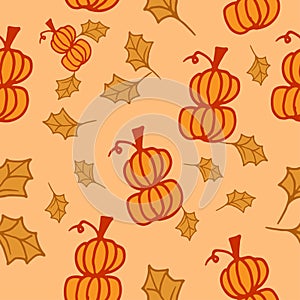 Seamless pattern with pumpkin and leaf illustration on orange background. hand drawn vector. halloweeen, seasonal event. doodle ar