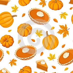 Seamless pattern with pumpkin pies and pumpkins. Vector illustration.