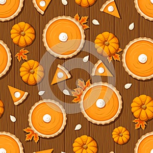 Seamless pattern with pumpkin pies and pumpkins on a wooden background