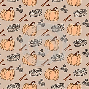 Seamless pattern of pumpkin, roll bun, cinnamon and apple pie on brown background.