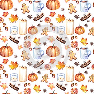 Seamless pattern with pumpkings, tea mugs, ginger cookie, cinnamon, candles and colorful autumn leaves.