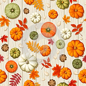 Seamless pattern with pumpkins and autumn leaves on a wooden background. Vector illustration.