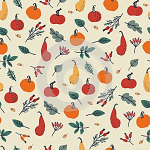 Seamless pattern with pumpkins, berries and leaves on orange background. Thanksgiving Day concept