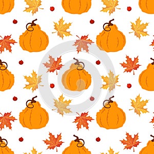 Seamless pattern, pumpkins, maple leaves and rowan berries on a white background. Autumn print, textile