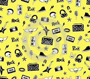 Seamless pattern. Punk rock music on yellow background. Doodle style elements, emblems, badges, logo and icons.