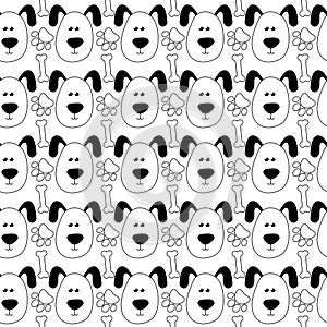 Seamless pattern with puppy, bones and paws in doodle style. Black and white vector dogs background
