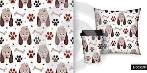 Seamless pattern with puppy, paw and bone. Childish background with cartoon dog and paws.