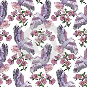 Seamless pattern with purple birds and watercolor flowers.