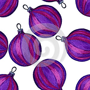 Seamless pattern of purple Christmas balls. Watercolour illustration of hand painted. Holiday ornamental decorations.