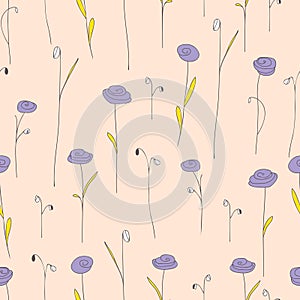 Seamless pattern with purple flowers. Creamy background with stylized doodle roses.