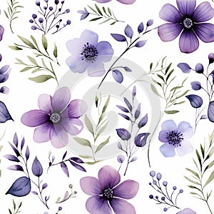 Seamless pattern Purple flowers and leaves swirling isolated on a white background water color, AI generated