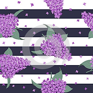 Seamless pattern with purple lilac flowers on a striped background