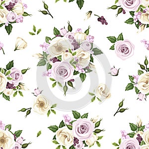 Seamless pattern with purple and white roses and lisianthus flowers. Vector illustration.