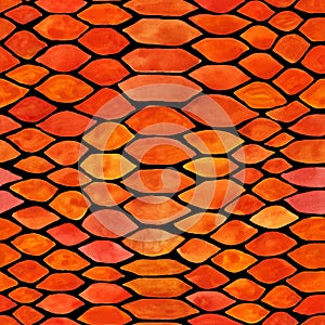 Seamless pattern python skin watercolor drawn orange scales