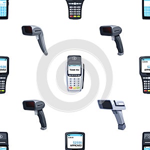 Seamless Pattern With Qr Code Scanners And Pos Terminals, Combining Technology And Commerce, Tile Background, Wallpaper