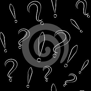 Seamless pattern with question and exclamation signs. Different sizes. Black with white store and black background. Vector illustr