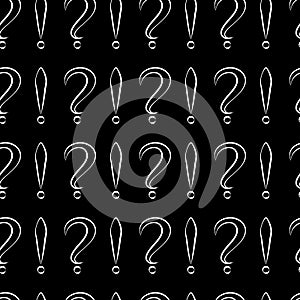 Seamless pattern with question and exclamation signs. Same sizes. Black with white store and black background. Vector illustration