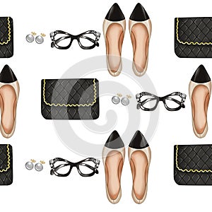Seamless Pattern - quilt bag - pointed shoes - glasses and pearls