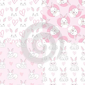 Seamless Pattern Rabbit and bow. Hand Drawn Bunny and heart, print design rabbit background. Vector Seamless