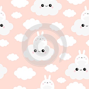Seamless Pattern. Rabbit bunny face holding cloud in the sky. Cute cartoon kawaii funny smiling baby character. Nursery decoration