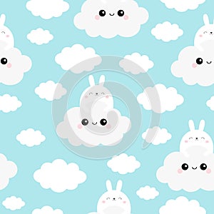 Seamless Pattern. Rabbit bunny face holding cloud in the sky. Cute cartoon kawaii funny smiling baby character. Nursery decoration