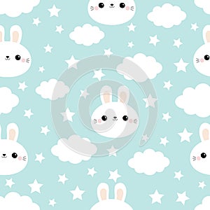 Seamless Pattern. Rabbit bunny hare face. Cloud in the sky. Cute cartoon kawaii funny smiling baby character. Wrapping paper,