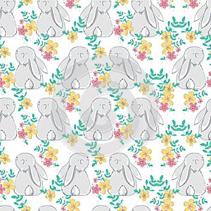 Seamless pattern Rabbit and flowers. Beautiful Decorative Bunny Blue Background, Element for design. Print textile. Vector