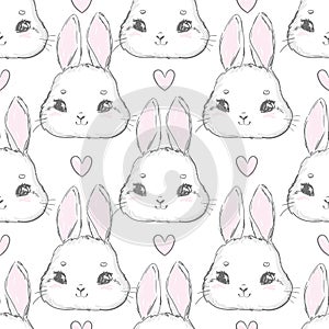 Seamless pattern rabbit hand drawn bunny and heart print design rabbit background vector illustration seamless print design