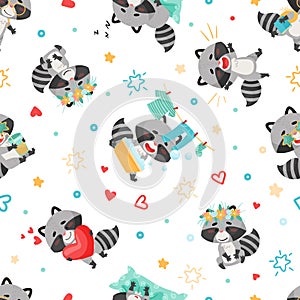 Seamless pattern raccoon doing different things, doing laundry, having fun. Drawn in cartoon style.