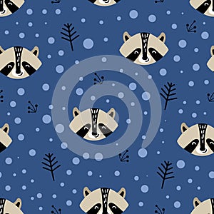 Seamless pattern with raccoon faces