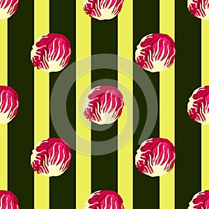 Seamless pattern Radicchio salad on dark stripes background. Modern ornament with red lettuce