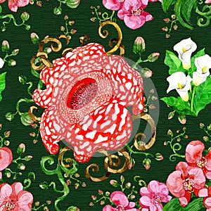 Seamless pattern with rafflesia, calla and orhid flower on green background