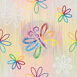 Seamless pattern with rainbow cartoon butterfly and flowers