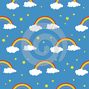 Seamless pattern with rainbow clouds and stars