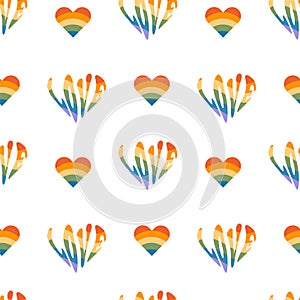 Seamless pattern with rainbow colored groovy word love in heart shape. Retro 60s 70s background with LGBT symbols