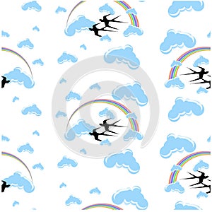 Seamless pattern rainbow, flying swallows, clouds stock vector