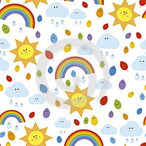 Seamless pattern with rainbow and happy sun.