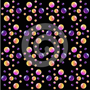 Seamless pattern with rainbow shiny circles on a black background. Balls of different sizes of purple, pink and orange on a black