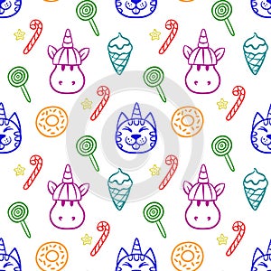 Seamless pattern with rainbow unicorns. doodle drawing. vector pattern