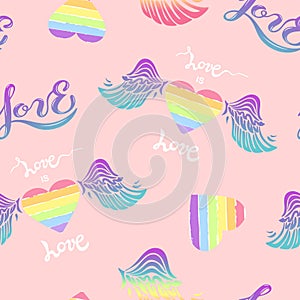 Seamless pattern with rainbow, wings, heart, hendwritten love.