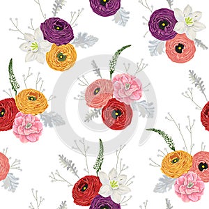 Seamless pattern with ranunculus, camellias, lily, snapdragons, dusty miller and gypsophila. Decorative holiday floral background.