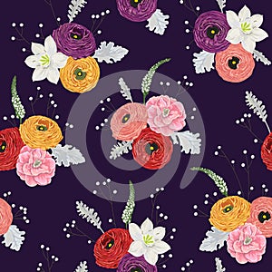 Seamless pattern with ranunculus, camellias, lily, snapdragons, dusty miller and gypsophila. Decorative holiday floral background.