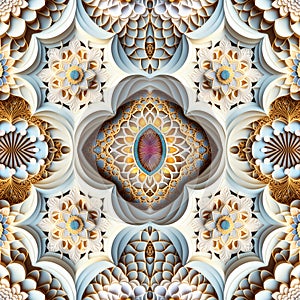 Seamless pattern Rapport with beautiful mandalas with relief for repetition. Generative AI. Pattern mirrored repeat duplicates photo