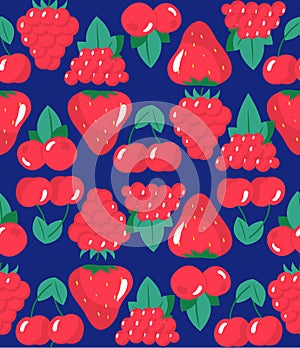 Seamless pattern with raspberries, rowans, cherries and strawberries photo