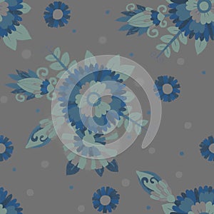 Seamless pattern. Raster illustration with floral ornament. Blue flowers on a gray background