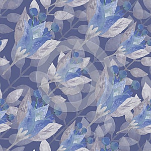 Seamless pattern. Raster illustration. Watercolor blue flowers on a blue background. Backdrop for postcard, scrapbooking, wrapping