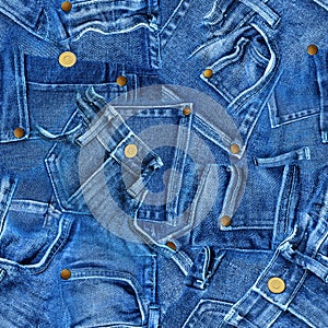 Seamless pattern of real blue denim pants. Jeans patchwork texture with gold buttons and rivets. Template with web banner, poster